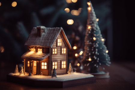 Christmas house wooden composition. snow table. Generate AIの素材