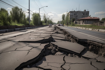 Cracks road after earthquake. Damage asphalt Generate AIの素材