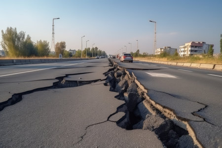 Cracks road after earthquake damage. stone disaster. Generate AIの素材