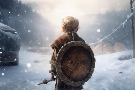 Viking kid snow settlement. home nature. Generate AIの素材