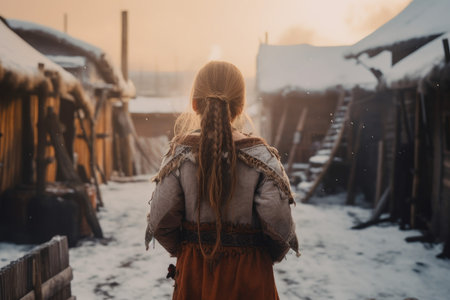 Viking child girl snow settlement. ancient nature. Generate AIの素材