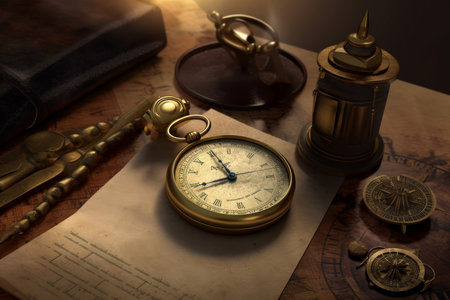 Watches compass table. Notepad wood paper. Generate AIの素材