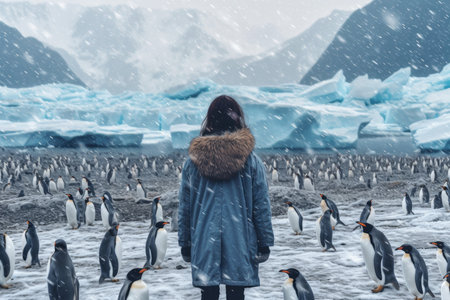 Woman warm winter clothes with penguins. Xmas landscape. Generate AIの素材