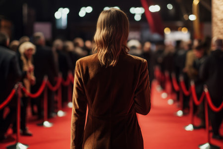 Woman jacket walks red carpet. Travel women. Generate AIの素材
