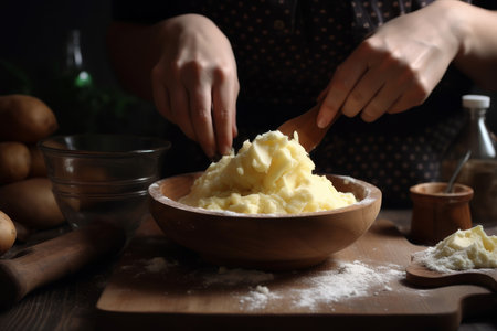 Woman making mashed home potato. Meal dish. Generate AIの素材