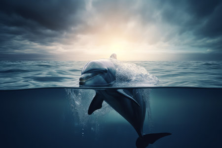 Dolphin sky sea. Animal jump couple. Generate AIの素材