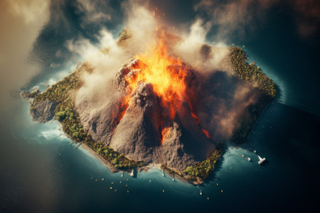 Erupting volcano top view. heat rock. Generate AIの素材