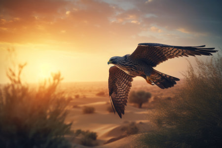 Flying falcon sunset. bird animal. Generate AIの素材