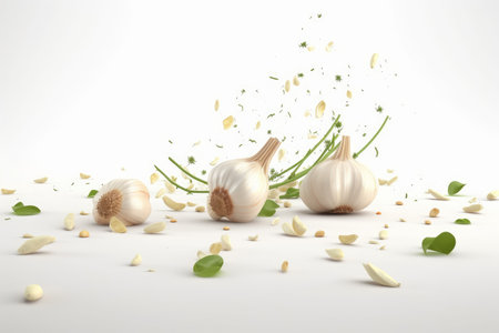 Garlic flying. Falling air clove. Generate AIの素材