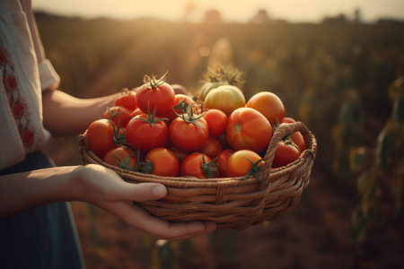 Hands holding tomato basket morning. View summer nature. Generate AIの素材