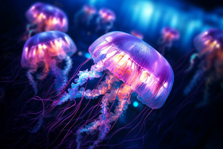 Jellyfish glowing pink underwater color. flower deep. Generate AIの素材