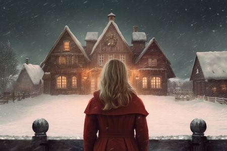 girl santa claus house. Celebration speaking. Generate AIの素材