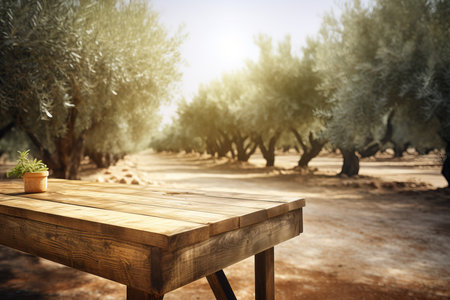 Wooden table blooming. nature park day. Generate AIの素材