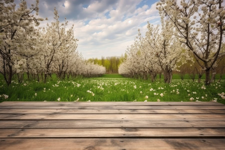 Wooden table blooming nature. Sakura product. Generate AIの素材