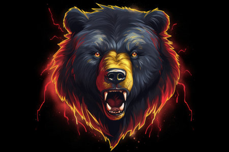 Bear face fiery eyes. Bear art hair. Generate AIの素材