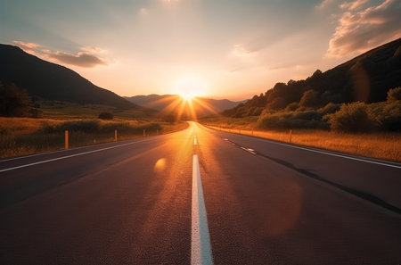Blurry mountain road sunset. bokeh outdoor. Generate AIの素材