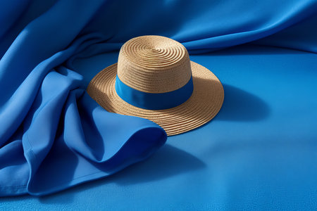 Blue towel summer hat on blue background. texture travel. Generate AIの素材