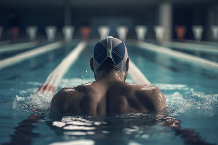 Man swim back pool. Speed cap training. Generate AIの素材
