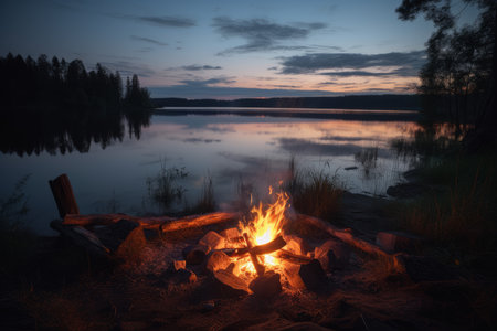 campfire lake sunset camp. America night. Generate AIの素材