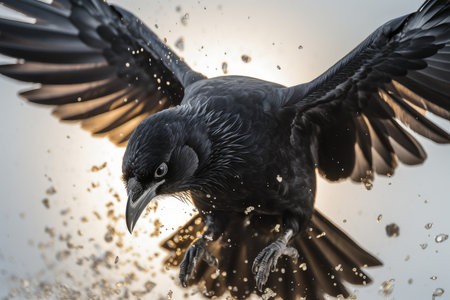 Raven bird fly closeup. Ink animal. Generate AIの素材