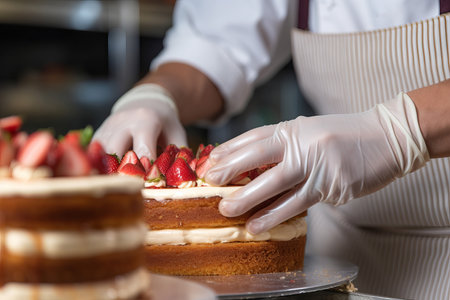 Hands pastry chef cake strawberry. Cooking eat. Generate AIの素材