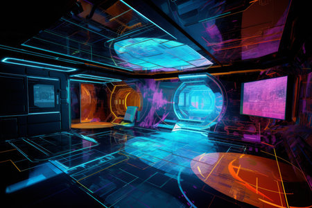 Spaceship interior colorful. Dark ship interior. Generate AIの素材