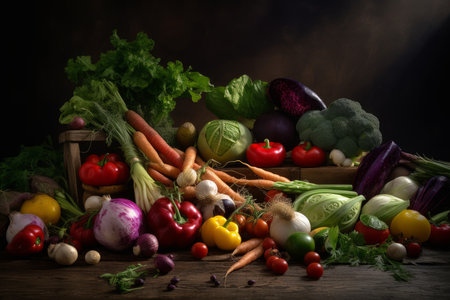 Vegetables autumn harvest wooden table. green farm. Generate AIの素材