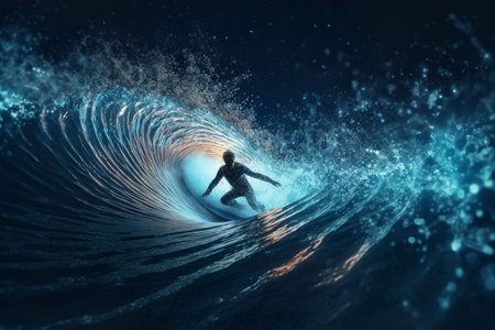 Surfer surfing wave. Extreme sport outdoor. Generate AIの素材