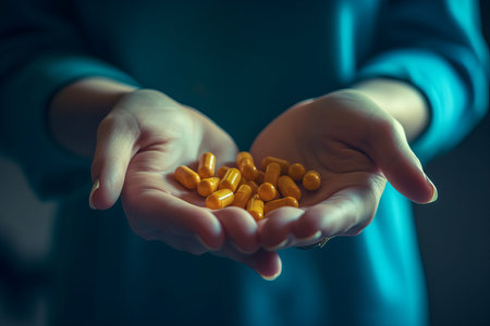 doctor hands pills. Hold drug care. Generate AIの素材