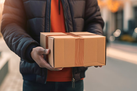 Hands delivery man package. Male job person. Generate AIの素材