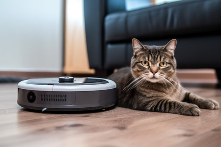 Cat robot vacuum cleaner. pet room concept. Generate AIの素材