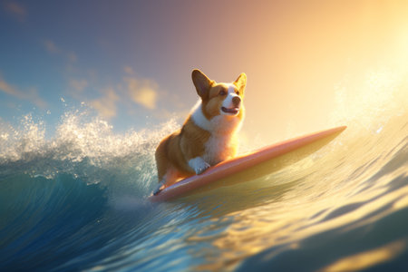 Corgi surfboard sunrise. wave sea. Generate AIの素材