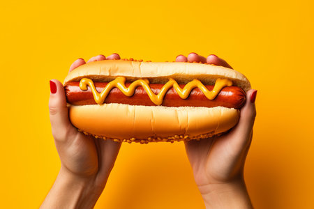 Hand take hotdog. Sausage food. Generate AIの素材