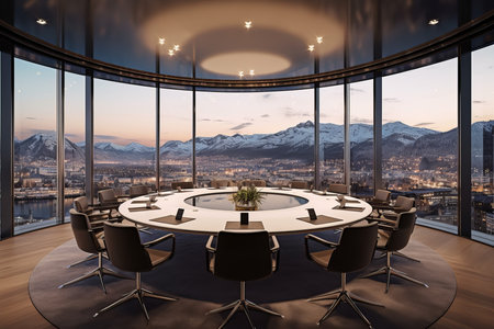 Panoramic meeting room view. Empty glass light. Generate AIの素材