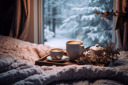 Coffee cup winter bed. Cozy warm drink. Generate AIの素材