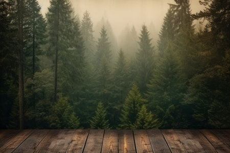 Forest fir tree wooden table. view green. Generate AIの素材