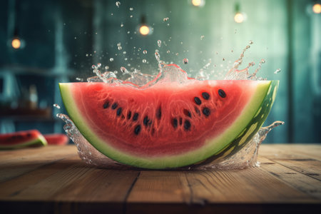 Flying watermelon slice. Food fruit red. Generate AIの素材
