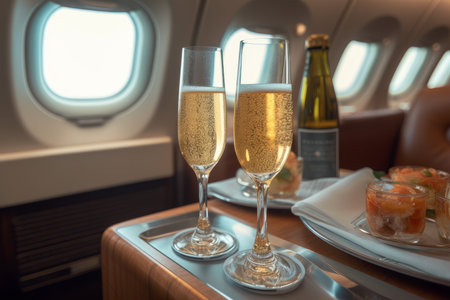 Glasses champagne plane travel. Alcohol drink. Generate AIの素材