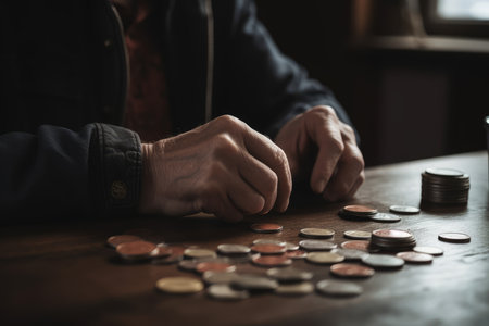 Hand coins table. Save casual economy. Generate AIの素材
