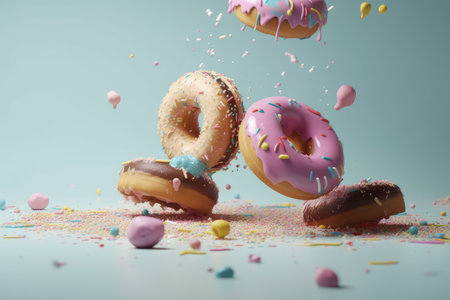 Colorful donuts falling. food pastry. Generate AIの素材