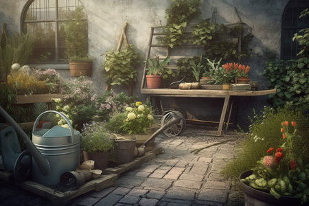 Garden tools flowers scene. hand patio summer. Generate AIの素材