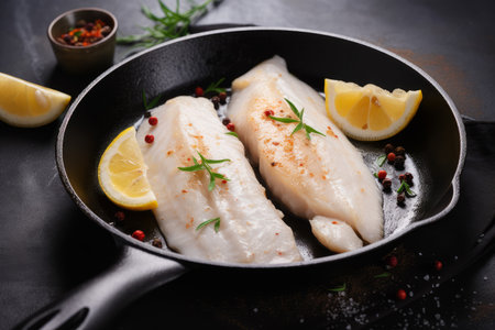 Fish fillet lemon. Steak meat dish. Generate AIの素材