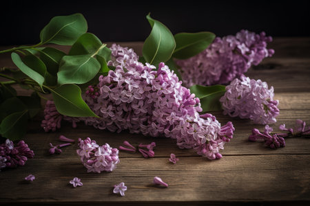 Lilac wooden table. Petal purple. Generate AIの素材