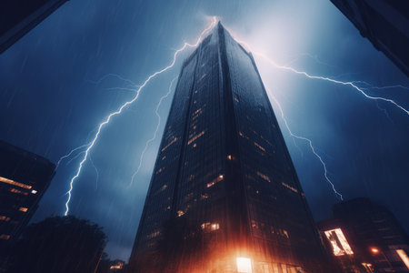 Lightning storm building. Dark storm rain. Generate AIの素材