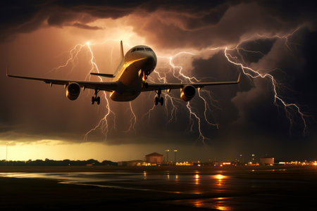 Lightning storm plane. Airline jet travel. Generate AIの素材
