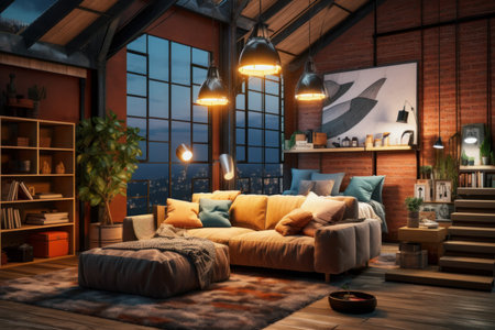 Loft style house sofa room. Soft lights interior. Generate AIの素材
