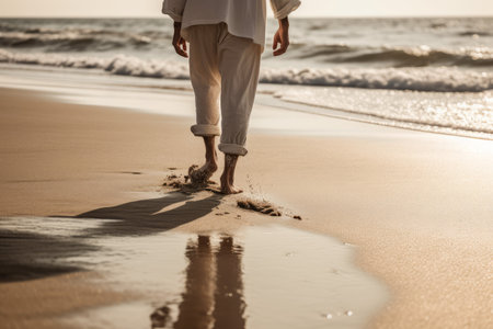 Man sea walk beach. Sporty alone. Generate AIの素材