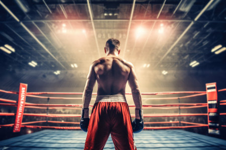 Man boxing ring lights. Interior martial gym. Generate AIの素材