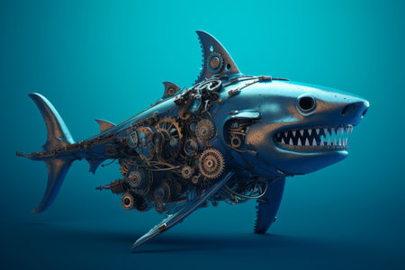 Blue mechanical shark gears. ocean future. Generate AIの素材