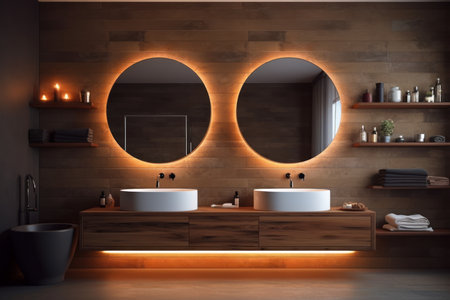 Modern wooden bathroom interior lights decor. style mat. Generate AIの素材